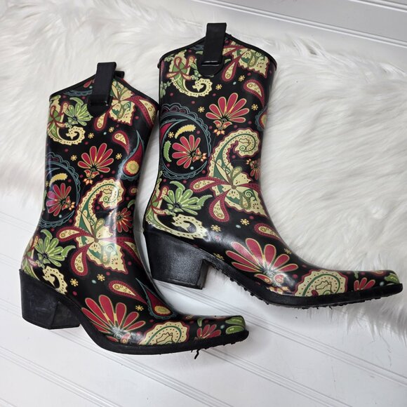 RIDE TEC Brown Paisley Floral Print Slip On Rubber Cowboy Rain Boots Sz 10 - Picture 3 of 10